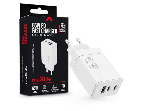 Maxlife MXTC-08-65ACC PD+QC 65W hálózati gyorstöltő adapter 2xType-C + USB -    fehér