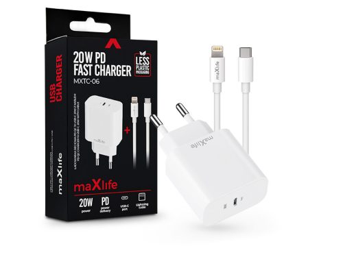 Maxlife MXTC-06 PD+QC 20W hálózati gyorstöltő adapter Type-C + Type-C/Lightning kábel -  fehér