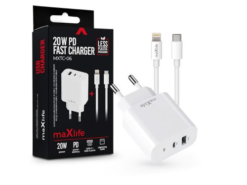 Maxlife MXTC-06 PD+QC 20W hálózati gyorstöltő adapter USB + Type-C +            Type-C/Lightning kábel - fehér