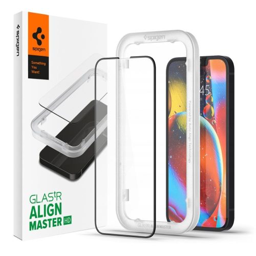 Apple iPhone 13 / 13 Pro / 14 / 16e, Kijelzővédő fólia, ütésálló fólia (az íves részre is!), Tempered Glass (edzett üveg), Full Cover, Spigen Glastr Alignmaster HD, fekete