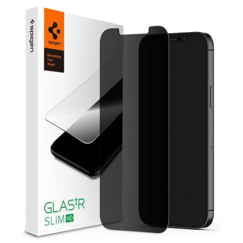 Apple iPhone 12 Mini, Kijelzővédő fólia, ütésálló fólia (az íves részre is!), Tempered Glass (edzett üveg), Spigen Glastr Slim HD Privacy, Clear