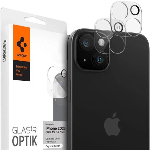 Apple iPhone 15 / 15 Plus, Kamera lencsevédő fólia, ütésálló fólia, Tempered Glass (edzett üveg), Spigen Glastr Optik, Clear, 2 db / csomag