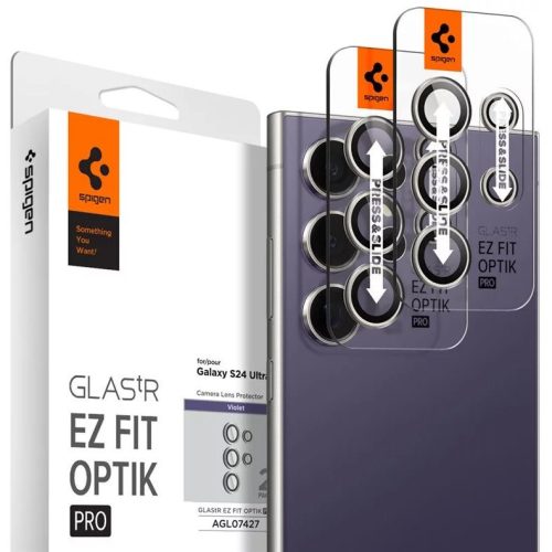 Samsung Galaxy S24 Ultra SM-S928, Kamera lencsevédő fólia, ütésálló fólia, Tempered Glass (edzett üveg), Spigen Glastr Ez Fit Optik Pro, lila, 2 db / csomag