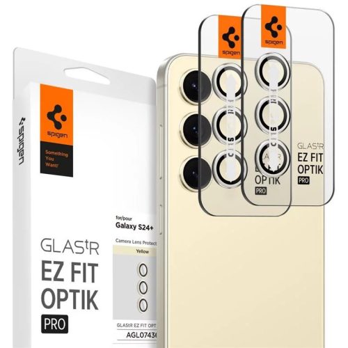 Samsung Galaxy S24 Plus SM-S926, Kamera lencsevédő fólia, ütésálló fólia, Tempered Glass (edzett üveg), Spigen Glastr Ez Fit Optik Pro, sárga, 2 db / csomag