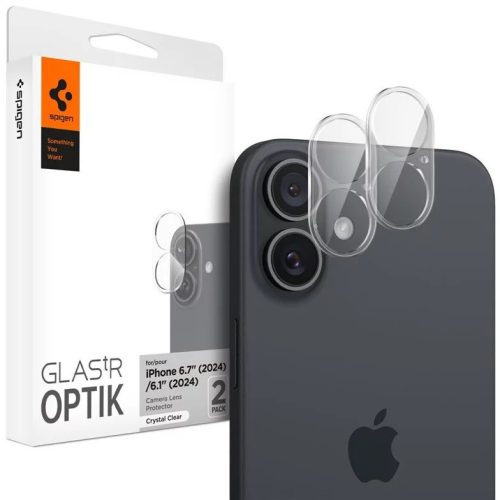 Apple iPhone 16 / 16 Plus, Kamera lencsevédő fólia, ütésálló fólia, Tempered Glass (edzett üveg), Spigen Glastr Optik, Clear, 2 db / csomag