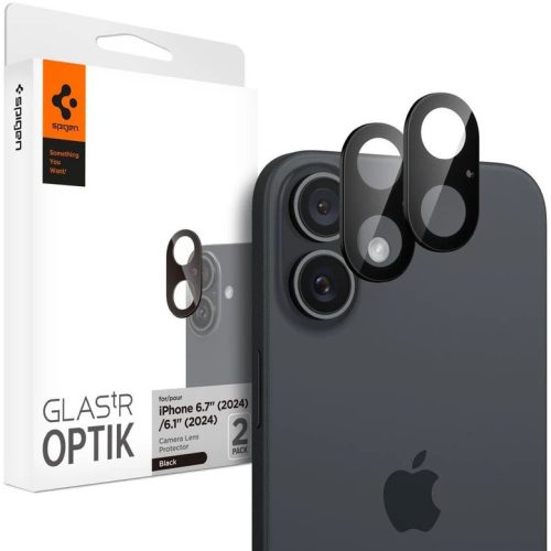 Apple iPhone 16 / 16 Plus, Kamera lencsevédő fólia, ütésálló fólia, Tempered Glass (edzett üveg), Spigen Glastr Optik, fekete, 2 db / csomag