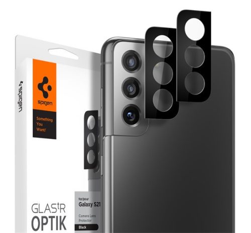 Samsung Galaxy S21 5G SM-G991, Kamera lencsevédő fólia, ütésálló fólia, Tempered Glass (edzett üveg), Spigen Glastr Optik, fekete, 2 db / csomag