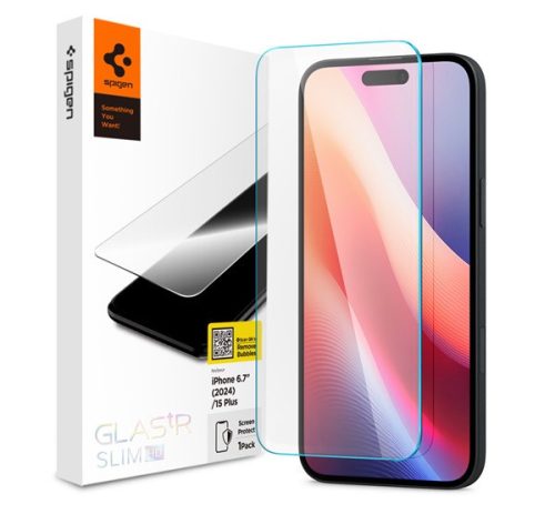 Apple iPhone 15 Plus / 16 Plus, Kijelzővédő fólia, ütésálló fólia (az íves részre is!), Tempered Glass (edzett üveg), tok barát, Spigen Glastr Slim HD, Clear